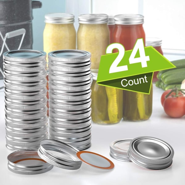 Delade band av bleckplåt för Mason Jar-burkar, vertikal mönsterdesign säkerställer grepp, livsmedelsklassat material för säker förvaring, silver (24 st, 70 mm)