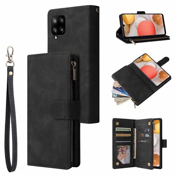 Samsung A42 5G Multifunktionellt Plånboksfodral Zipper 8-Fack Svart