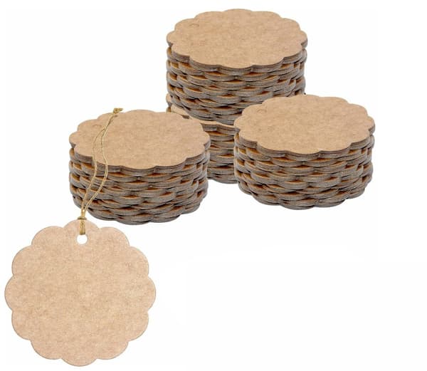 200 bruna kraft-presentetiketter i solfjäderform (6 cm i