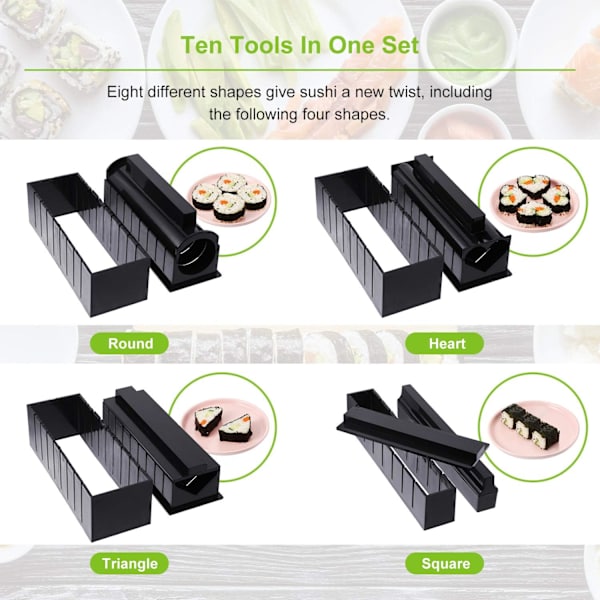 Sushi-set för nybörjare 10 delar Plast Sushi Maker Verktyg Komplett med 8 Sushi Ris Rullformar Formar Gaffel Spatel DIY Hem Sushi Verktyg