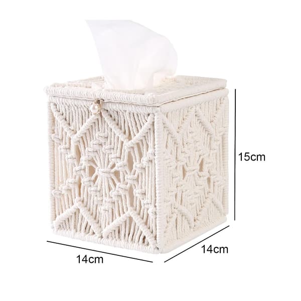 Tissue Box Cover Boho Dekor, Utsökt Hantverk Macrame Fyrkantig Förvaring med Mjukt Innerfoder, Stilfull Handgjord Vävd Kub för Badrum