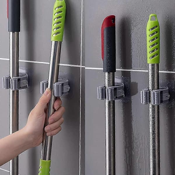 4 Stk. Kostholder Selvklæbende Moppeholder Multifunktionel Vægmonteret Kostholder Moppeholder med Kroge Opbevaringskrog Moppeklips til Køkken G