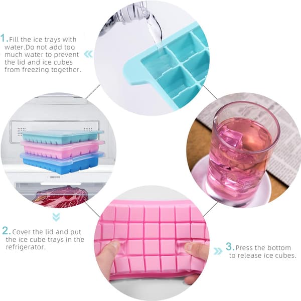 Isbitsformar med lock, 3-pack (rosa+blå+grön) silikonisbitsformar flexibla och lätta att tömma 36 isbitsformar BPA-fria