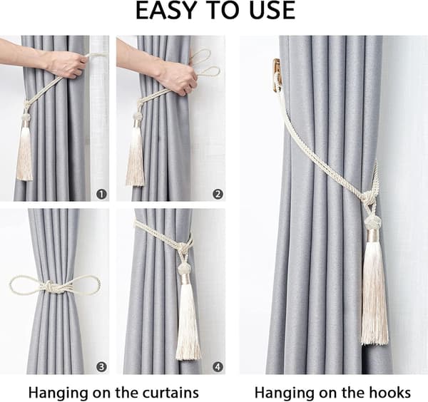 Vacker gardinspänne, set med 2 långa fluffiga gardiner i beige