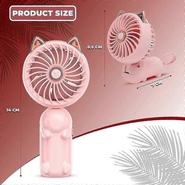 Bærbar Håndventilator med Ører - Mini Ventilator med USB Genopladeligt Batteri Foldbar Lille Ventilator (Pink)