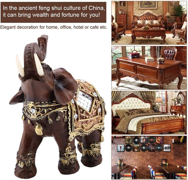 Elefant Staty Skulptur Lyckobringande Feng Shui Träådring 3D Fi