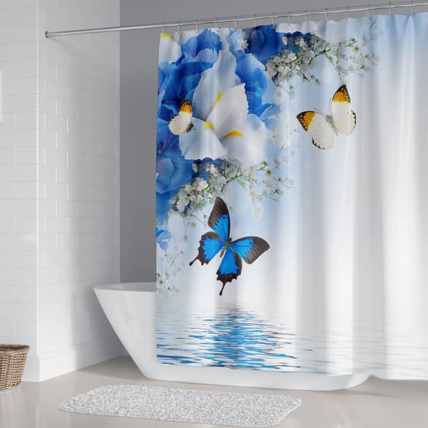 3D-printet badeforhæng - 180*180cm blå sommerfugle og blomster