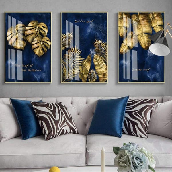 60x80cm×3stk Nordisk Lyx Marinblå Guld Abstrakt Textur Canvas