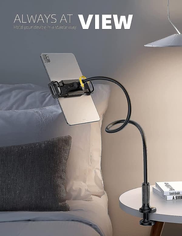 Svanehals Tablet Holder til Seng - Fleksibel Tablet Arm Klemme til Seng Kompatibel - Sort