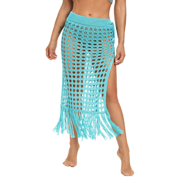 Dam Hollow Out Kjolar Mesh Tofs Stickad Delad Fåll Hög Midja Sida Knytning Strandöverdrag Sarong Sjogrön L