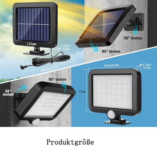 Utendørs solcellelampe med bevegelsessensor, sterk belysning for hjemmesikkerhet, separat solcellepaneldesign, justerbar belysning, energibesparende