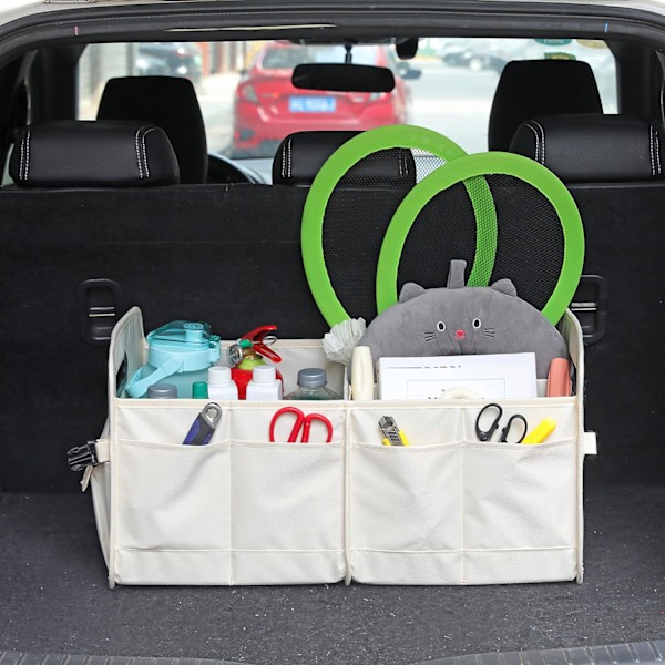 Elegant Bagageorganisatör, Hopfällbart Bilförvaringssystem med Flera Fack, Kraftig Oxford Polyester, Perfekt för Bil, Lastbil, SUV (Beige)