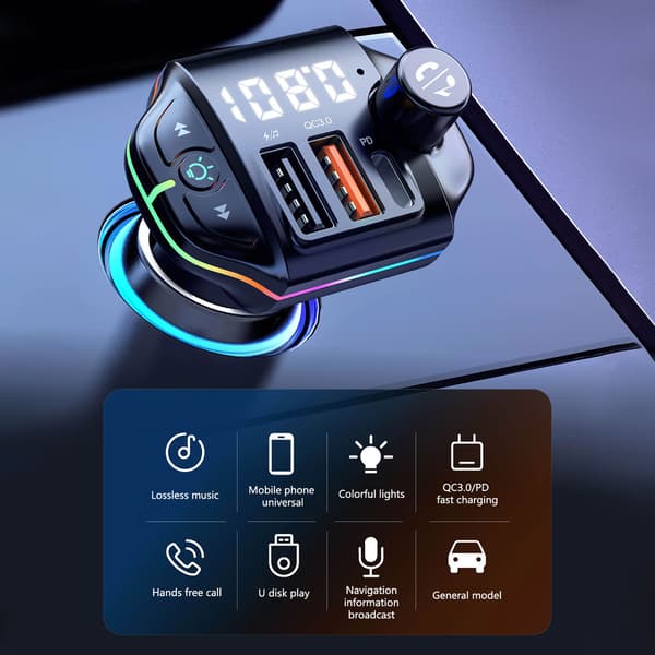 Trådløs Bluetooth Biladapter, FM-senderoplader med lynhurtig Bluetooth 5.4-teknologi til problemfri lydstreaming og høj hastighed