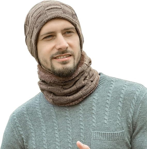 khaki Laden Vinterlue Skjerfsett Varme Strikkeluer Hodeskallelue