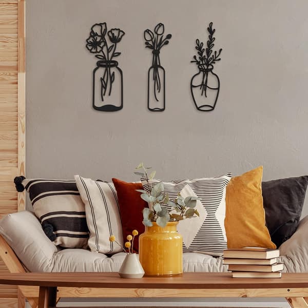 3 delar metallblomväggdekor minimalistisk vas väggkonst tråd Tu