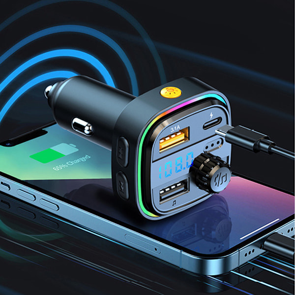Bluetooth FM-sändare Billaddare för Säker Handsfree-samtal, LED Voltmeter Display Säkerställer Bilbatteriets Hälsa, 7-färgs LED-bakgrundsbelyst Bilradio