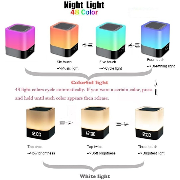 Bärbar Bluetooth-högtalare med LED-sänglampa, touchkontroll, färgväxlande bordslampa, nattlampa med väckarklocka för sovrummet