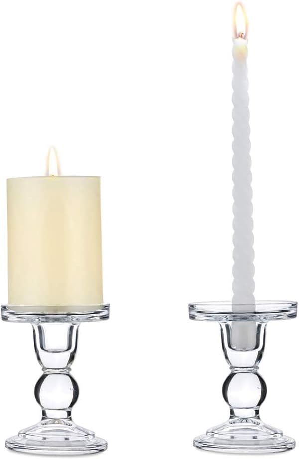 2 stk. Klar Glas Søjlelysestager, Højde 11,5 cm D