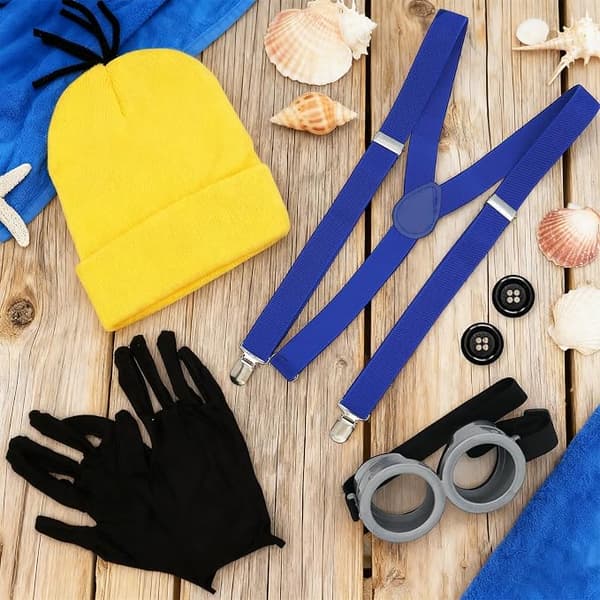 5-delt Minions Kostume Tilbehørssæt, Halloween Kostume Karneval: Gul Hat, Briller, Handsker, Knapper, Rem