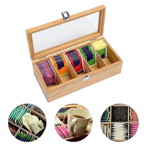 Multifunktionel Bambus System Tepose Holder Smykke Organizer Opbevaringsboks 5 Rum Teboks Organiser