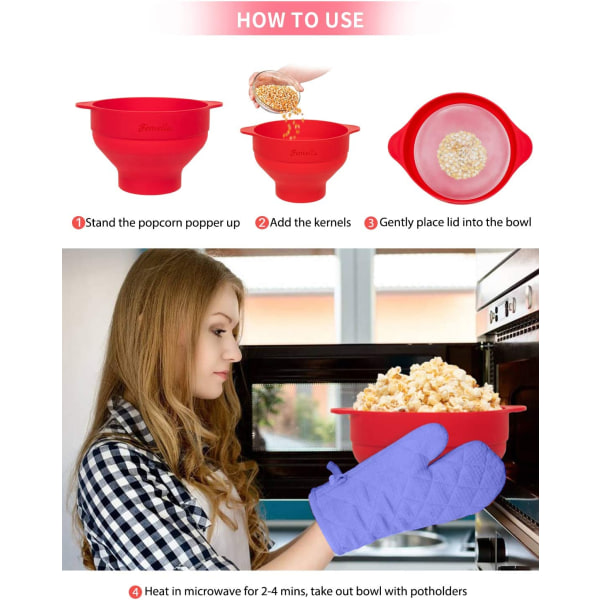 Mikrovågs silikon popcornmaskin med lock och handtag