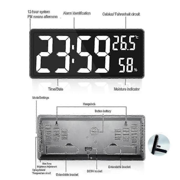Digital Klocka Stor Display, Stor Digital Väggklocka Med Temperatur Och Luftfuktighet, Digital Väggklocka Med LED-Siffror För Sovrum, Kontor white