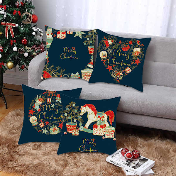 Juldekoration för Soffa, Prydnadskuddfodral Set om 4, Unika Julelementsdesigner, Mjukt Bekvämt Tjockt Tyg, Polyesterlinne