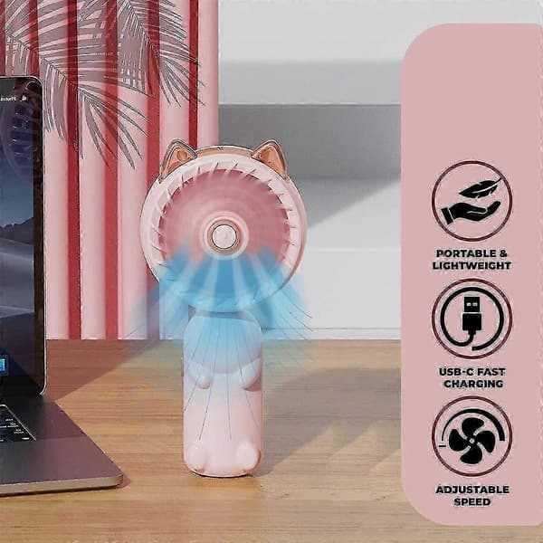 Bærbar Håndventilator med Ører - Mini Ventilator med USB Genopladeligt Batteri Foldbar Lille Ventilator (Pink)