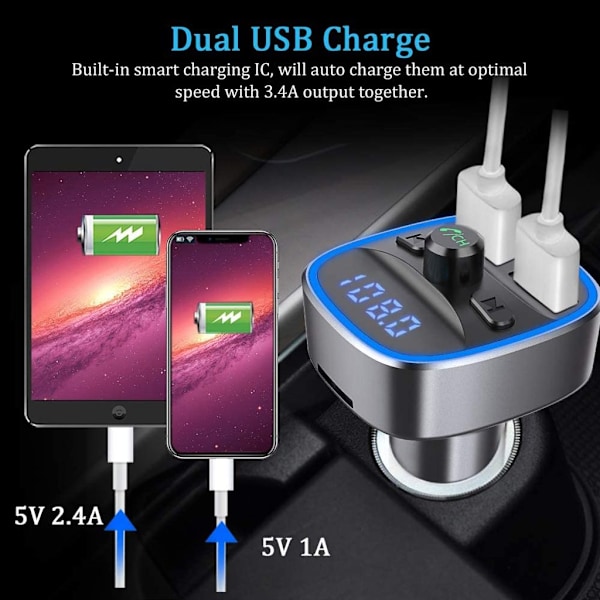 Bluetooth FM-sändare för bil, Innovativ snabbladdningsteknik Dubbel USB-laddning, Kristallklar musikströmning, Stöd för TF-kort & USB-disk