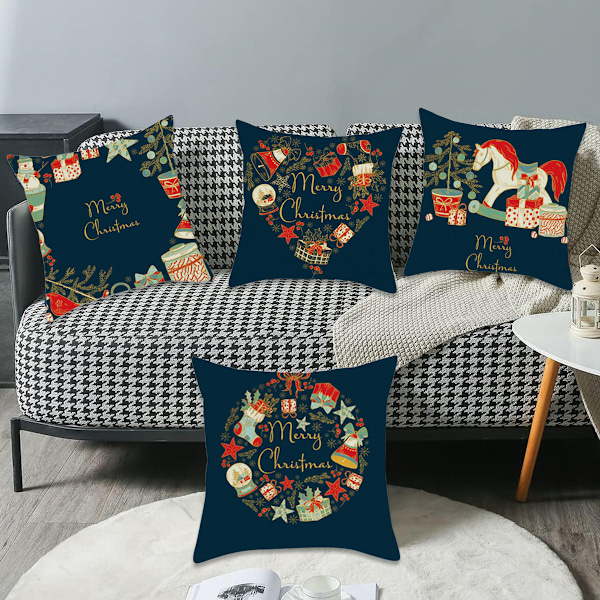 Juldekoration för Soffa, Prydnadskuddfodral Set om 4, Unika Julelementsdesigner, Mjukt Bekvämt Tjockt Tyg, Polyesterlinne