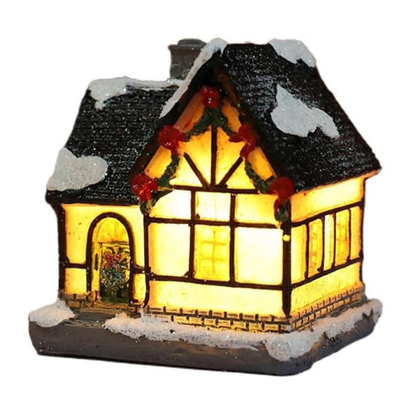 Jule-tema miniaturehus i harpiks, LED-natlampe i harpiks – D D