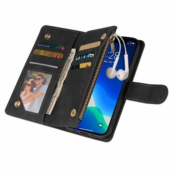 iPhone 13 Pro Multifunktionellt Plånboksfodral Zipper 8-Fack Svart