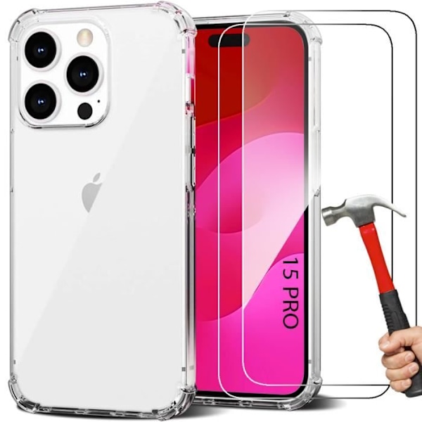 Fodral för iPhone 15 Pro - Transparent stötsäker TPU + 2 skyddsglas av härdat glas Transparent