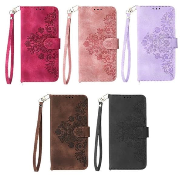 (For Samsung S10) Embossed Leather Phone Case with Lanyard, Multiple Card Slots, Black rosa