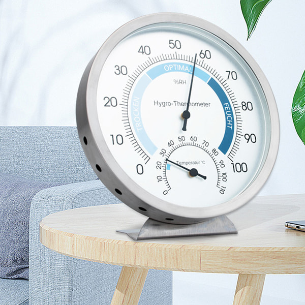 Elegant inomhus hygrometer, analog display för temperatur- och fuktighetskontroll, rostfritt stålhölje för hållbar livslängd, lämplig för inomhusbruk i hemmet