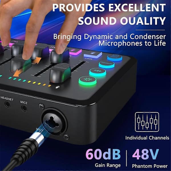 CASA Gaming Lydmixer, Streaming RGB PC-Mixer med XLR-Mikrofoninterface, Volumenfader, 48V Fantomstrøm