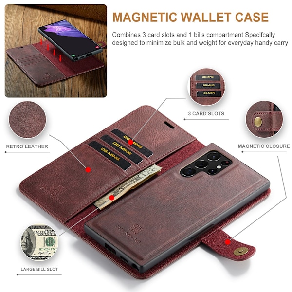 DG.MING 2-in-1 Magnet Wallet Samsung Galaxy S22 Ultra Red