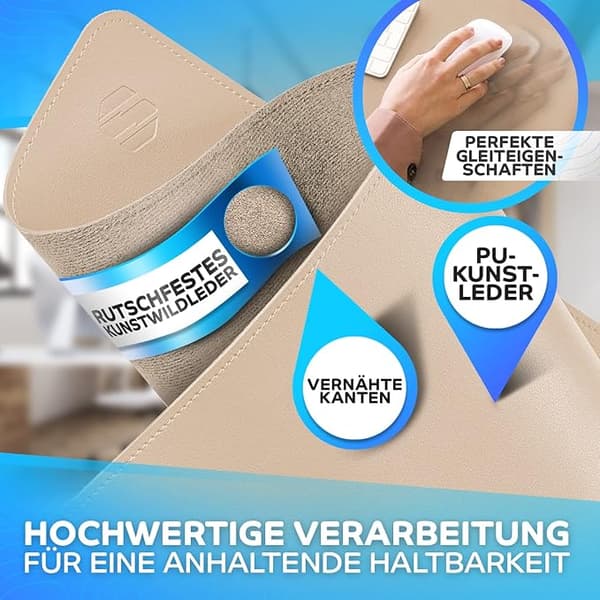 1 stk. Kunstlær Skrivebordsmatte - 80 x 40 cm - Beige - Med Sydd Kant