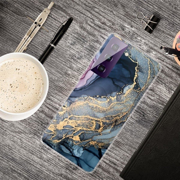 Marmormotiv Samsung Galaxy S21 FE skal - Blå På Gyllene Stänk Marmor multifärg