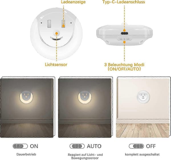 LED Nattlys med Bevegelsessensor - USB Oppladbar - 3 Moduser (På/Av/Auto) - Lampm [2 Stykker]