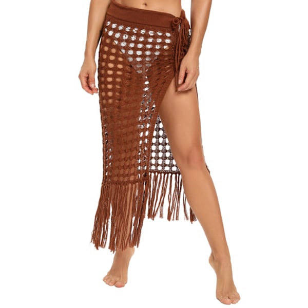 Dam Hollow Out Kjolar Mesh Tofs Stickad Delad Fåll Hög Midja Sido Knytning Strandöverdrag Sarong Brun S