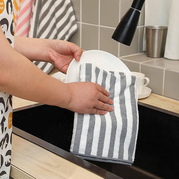 Disktrasor för köksjobb, snabbtorkande multifunktionellt mikrofibermaterial, luddfria superabsorberande grå och vitrutiga 8-pack