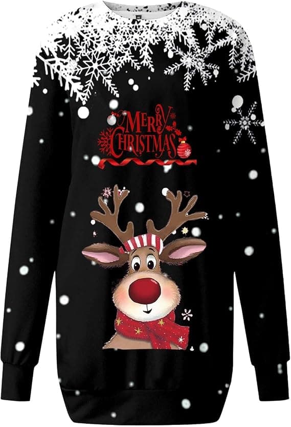 Jule-sweatshirtkjole til kvinder med rund hals og lange ærmer, 3D-digitalt print pullover - Sort - Størrelse XL Black XL