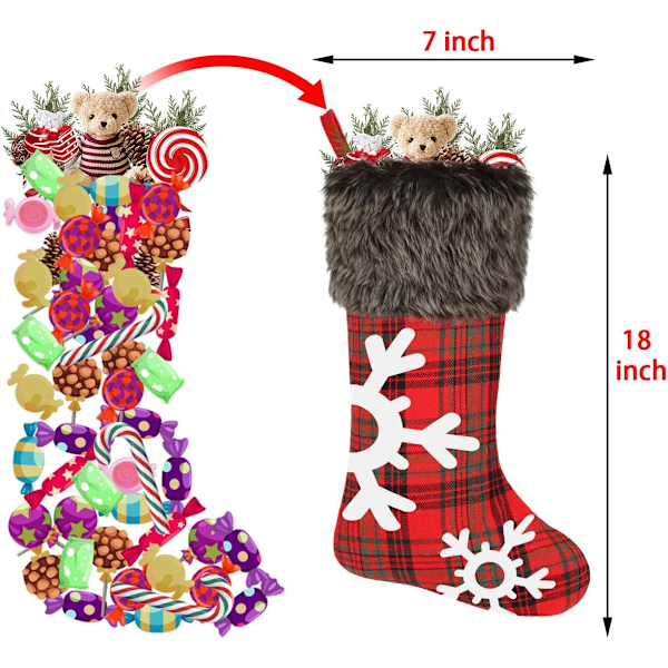 Julstrumpor, perfekt julklapp säckväv rutig stil 45 cm stor storlek med 3D-karaktärsdesign för glädjefull juldekoration (röd och svart, set med