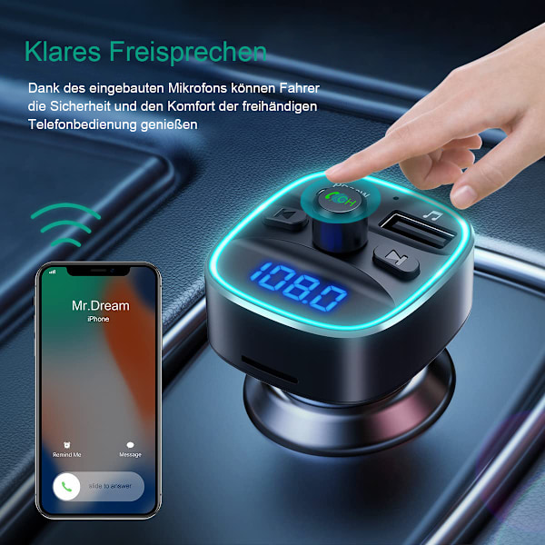 Bluetooth FM-sändare, 2 USB-laddning, Universell bil-laddare, LED-display handsfree bilsats, bilmusikspelare (blå)