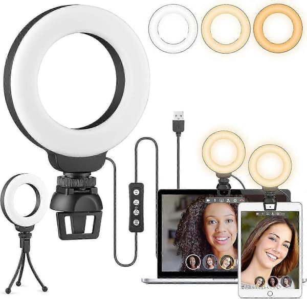 4\" Ring Light for Laptop med stativ, konferansebelysningssett, 3 lysmoduser dimbar LED-ringlampe for Mee