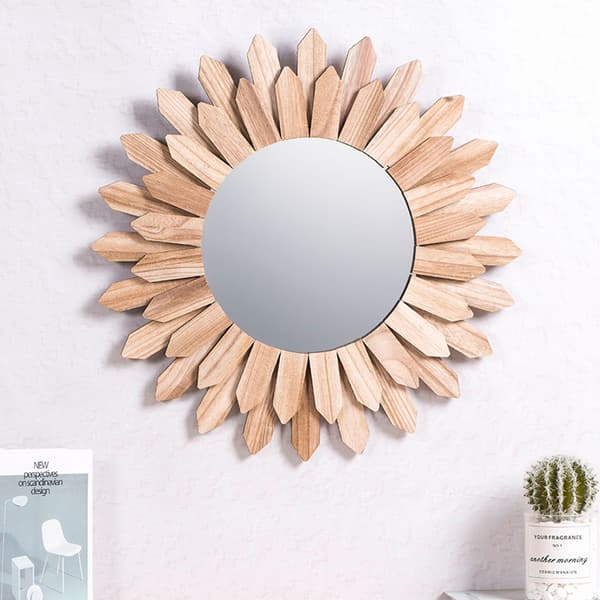 Väggdekor 30 cm Rustik Rund Träspegel, Cirkel Badrumsspegel Trä Cirkelspegel med Massiv Träram, Boho Heminredning för Sovrum Vardagsrum Diameter 30cm
