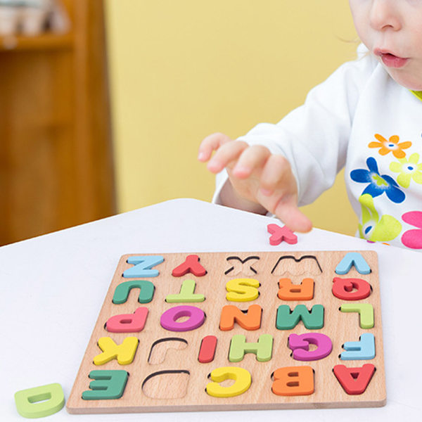 Pedagogiska träpussel, Alfabetspussel, Sifferpussel, Formpussel, Montessori-leksaker för förskoleundervisning Finmotorik Kognitiv