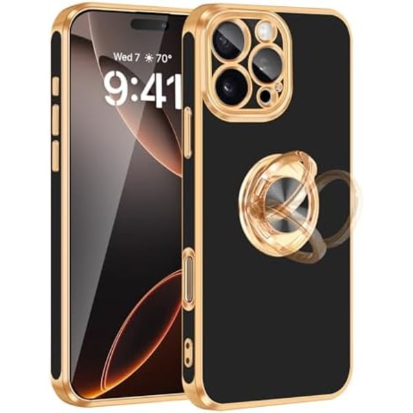 iPhone 16 Pro Max Skal [med 360° roterbart ringhållare][Stöd för magnetisk bilhållare] Glansig förgylld tunn mjuk TPU
