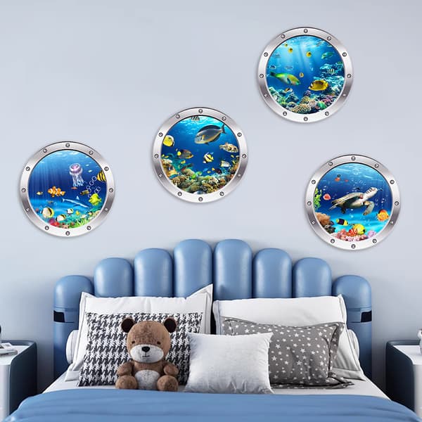 3D Set med 4 st Havsliv Fisk Väggdekaler för Badrum, Under Th